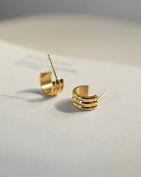 18k gold plated hoop earrings with modern triple layer design from jewellery label the hexad