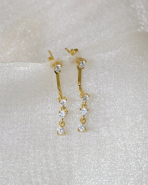 close up details of celestine two ways drop earrings in gold from the hexad online jewelry label