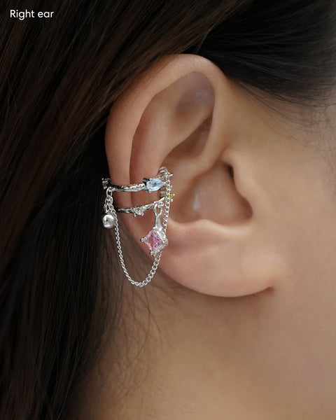 the newest gypsy ear cuff in silver is crafted with colorful gems and chain for a multi-layered look