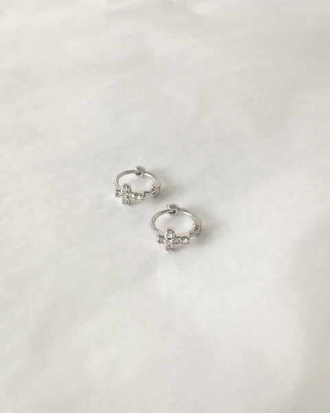 8mm huggie hoops with a tiny cross set in rhinestones @thehexad