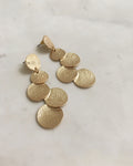 Gold textured dics drop earrings resembling confetti circles - The Hexad Jewelry