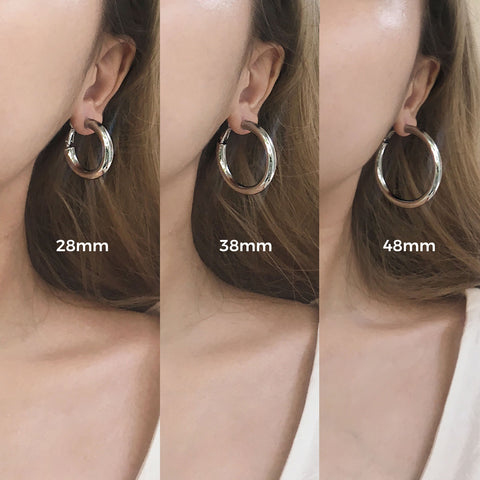 Silver Kyo Hoops by TheHexad - 28mm, 38mm and 48mm size diameter comparison