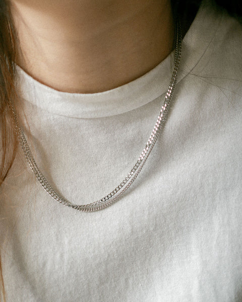 Simple silver chain necklaces in varying thickness for layering together - The Hexad