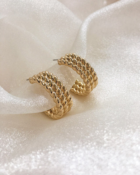 Three golden ropes stacked together to make a statement hoop earring - The Hexad