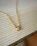 close up details of the shiny gem pendant from the hexad's new solitaire necklace