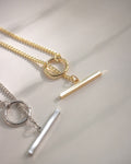 details of the sleek and simple Lexi toggle necklace in gold and silver