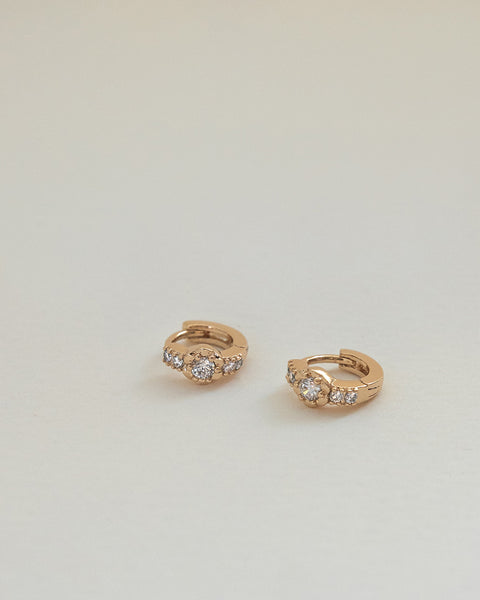 everyday huggie earrings with ornate flower design and fine diamante details