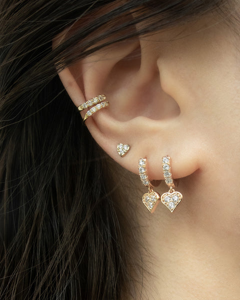 heart drop hoop earrings layered with moonshine ear cuffs and simple chic stud with diamonds