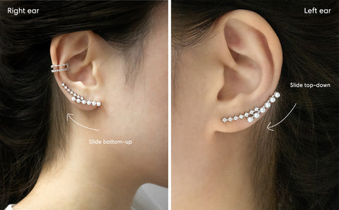 pictorial guide on how to wear the hexad gala crawler ear cuffs on right and left ear