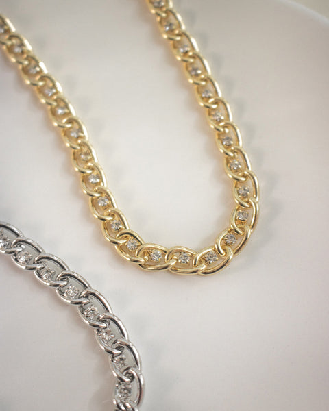 sparkly rhinestones woven with chunky chain details in the Trance choker from fashion jewelry label The Hexad