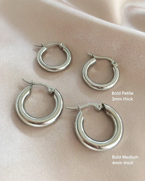 the hexad silver bold rei hoops in petite and medium sizes