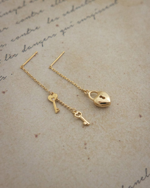 whimsical lock and keys threader earrings by the hexad